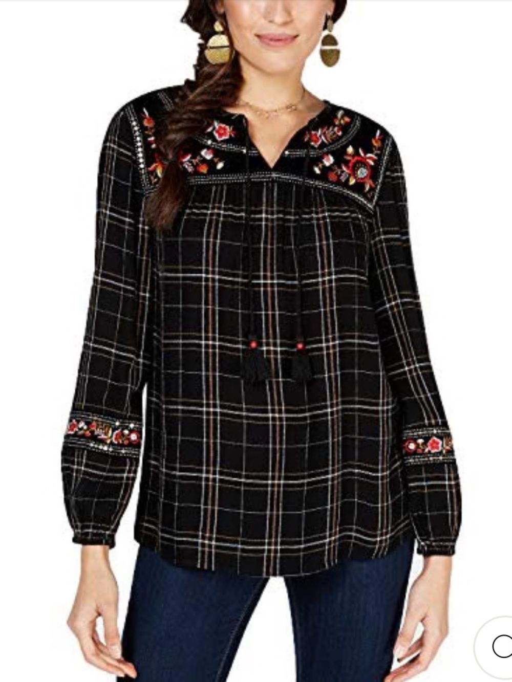 Style & Co Boho Embroidered Plaid Peasant Top Black Velvet Trim Tassel Tie XXL